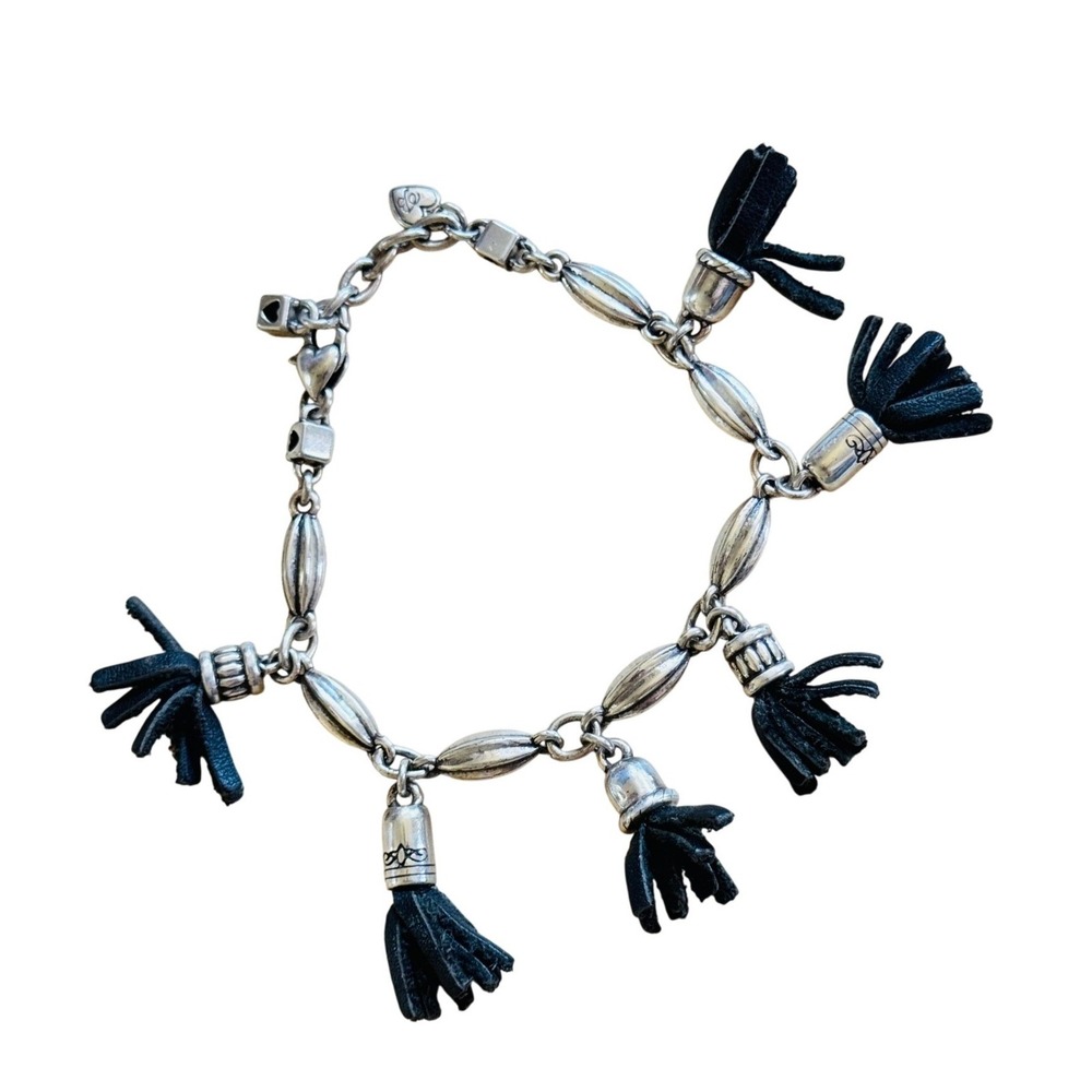 Brighton Retired Black Tassel Charm Bracelet Statement Silver Plated Dangle